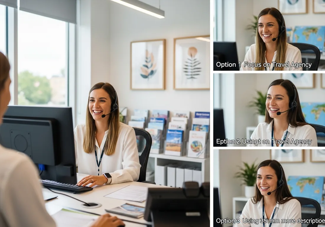 Friendly travel agent at a desk